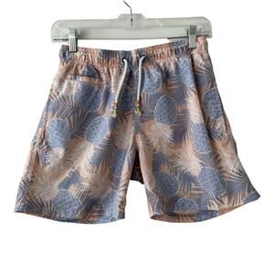 C&C California Pineapple Print Swim Trunks S Peach Blue Elastic Waist Pockets